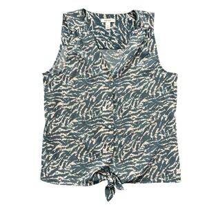 Nine West Blouse Womens M Teal Blue Abstract‎ Animal Print Tie Front Sleeveless